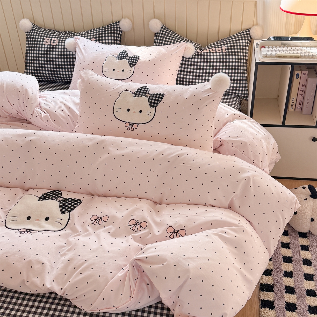 91家纺网 家纺一手货源 找家纺 （总）吾欢心 2026春夏新款古法水洗仿棉卡通贴布绣四件套可爱猫咪