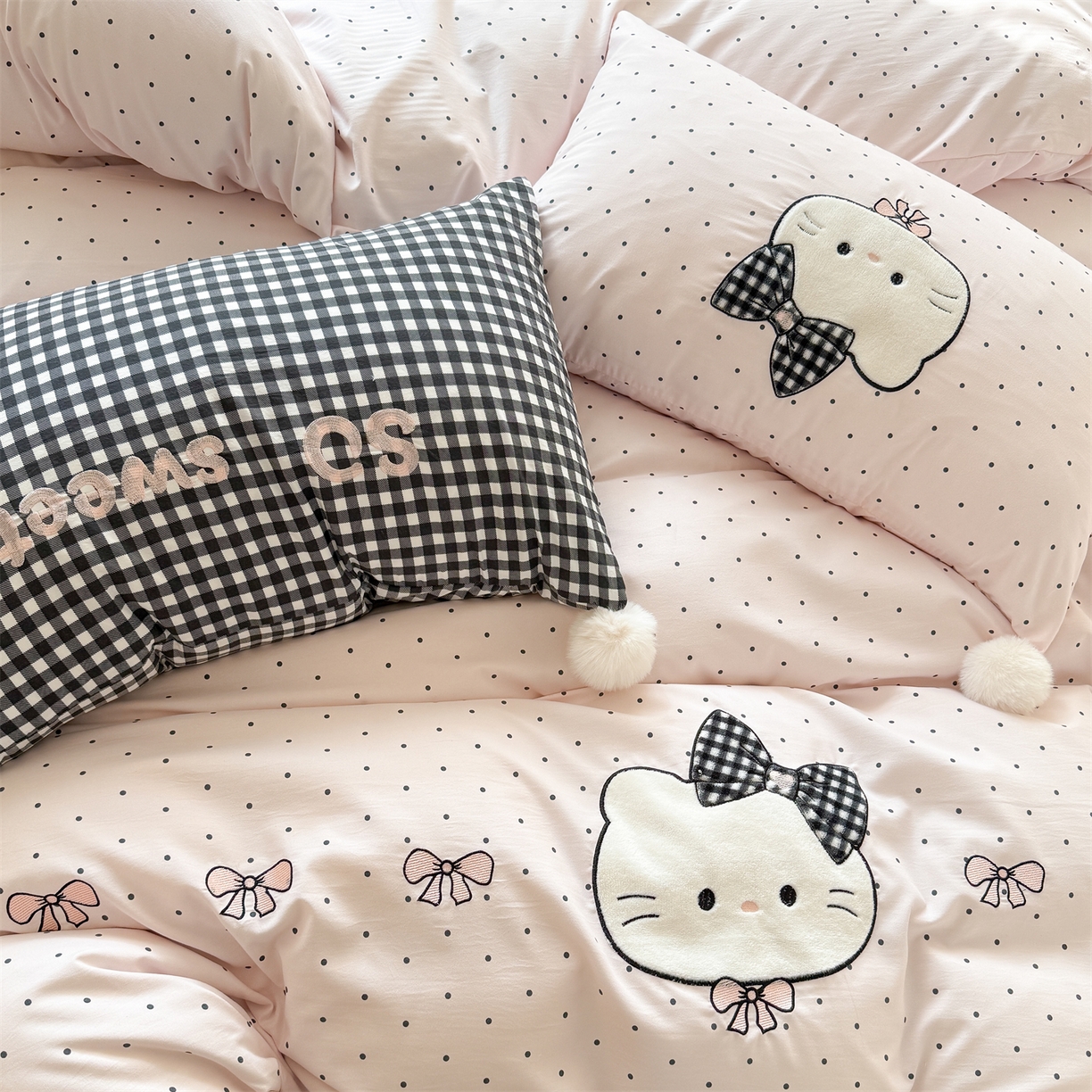 91家纺网 家纺一手货源 找家纺 （总）吾欢心 2026春夏新款古法水洗仿棉卡通贴布绣四件套可爱猫咪