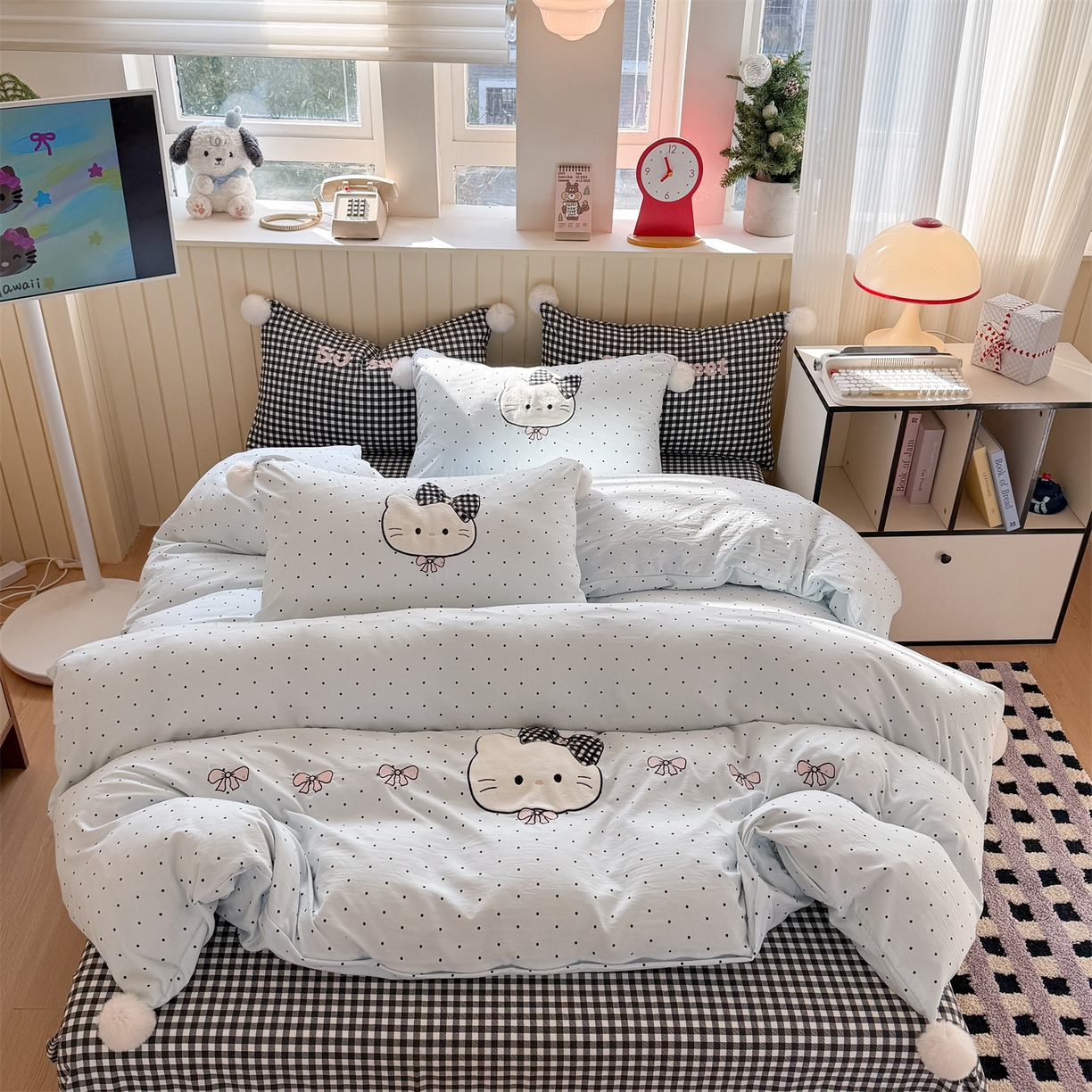 91家纺网 家纺一手货源 找家纺 吾欢心 2026春夏新款古法水洗仿棉卡通贴布绣四件套可爱猫咪 可爱猫咪蓝