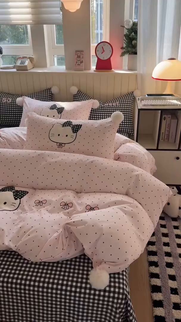 91家纺网 家纺一手货源 找家纺 （总）吾欢心 2026春夏新款古法水洗仿棉卡通贴布绣四件套可爱猫咪