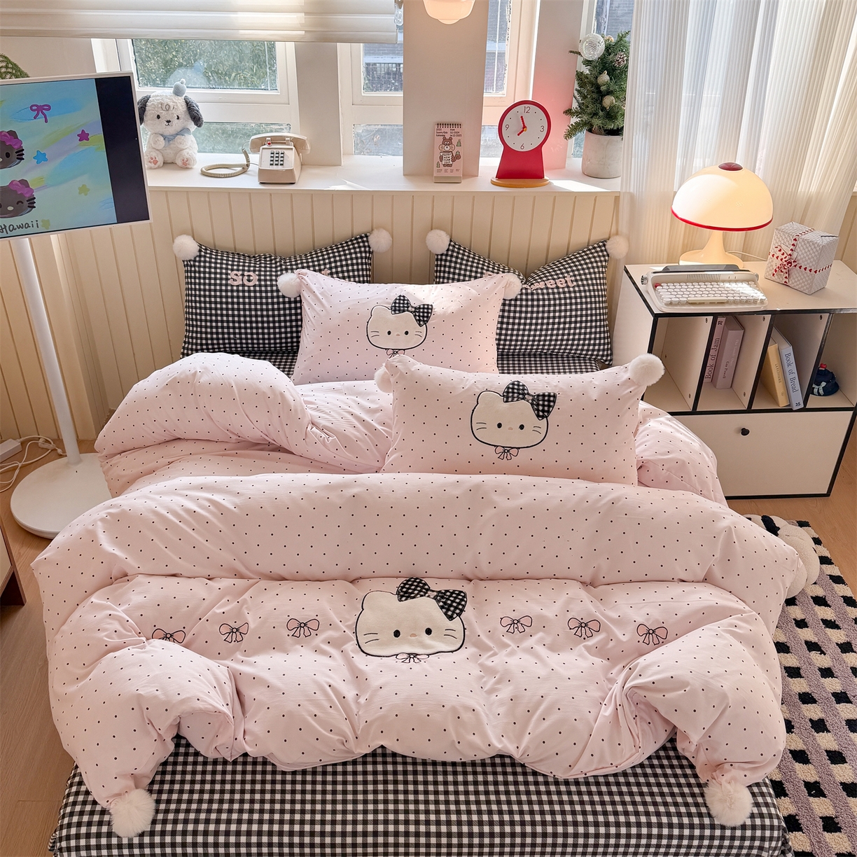 91家纺网 家纺一手货源 找家纺 吾欢心 2026春夏新款古法水洗仿棉卡通贴布绣四件套可爱猫咪 可爱猫咪粉