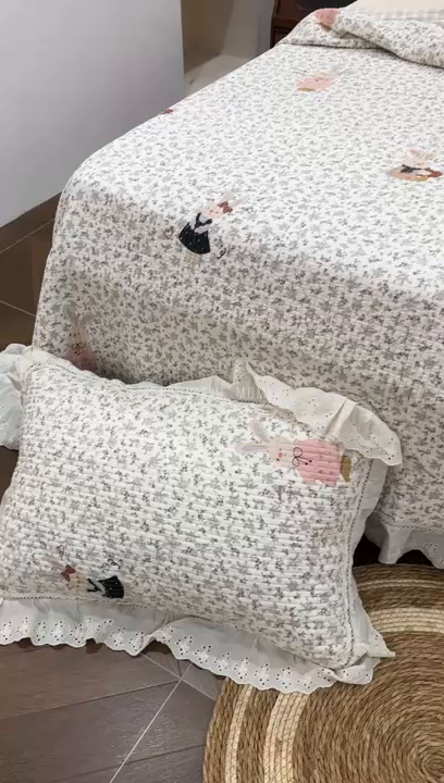 91家纺网 家纺一手货源 找家纺 床盖工厂店 2025新款法式双面全面填充棉花床盖三件套 哆咪兔