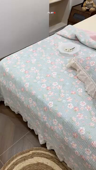 91家纺网 家纺一手货源 找家纺 床盖工厂店 2025新款法式双面全面填充棉花床盖三件套 恋恋花开-绿