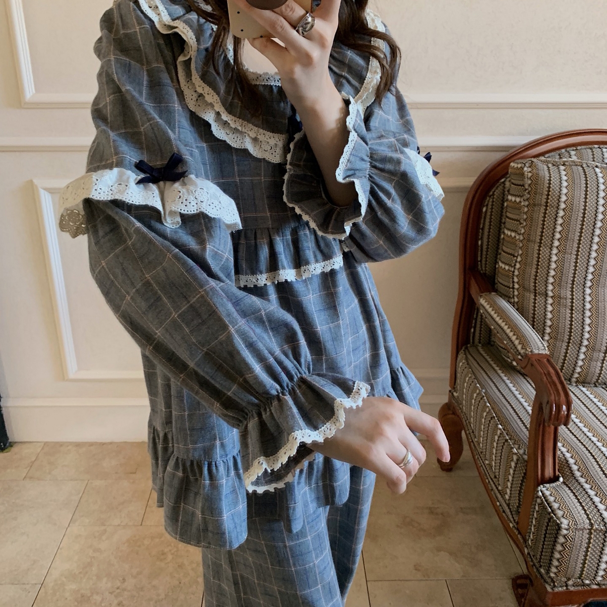 91家纺网 家纺一手货源 找家纺 （总）妍景家居生活馆 2026新款韩系甜美蕾丝花边格子套装