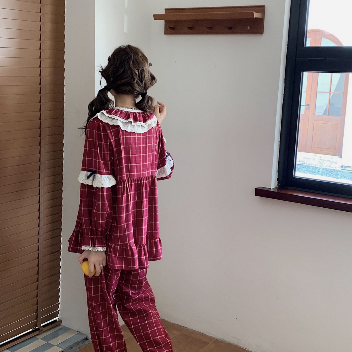 妍景家居生活馆 2026新款韩系甜美蕾丝花边格子套装 红色