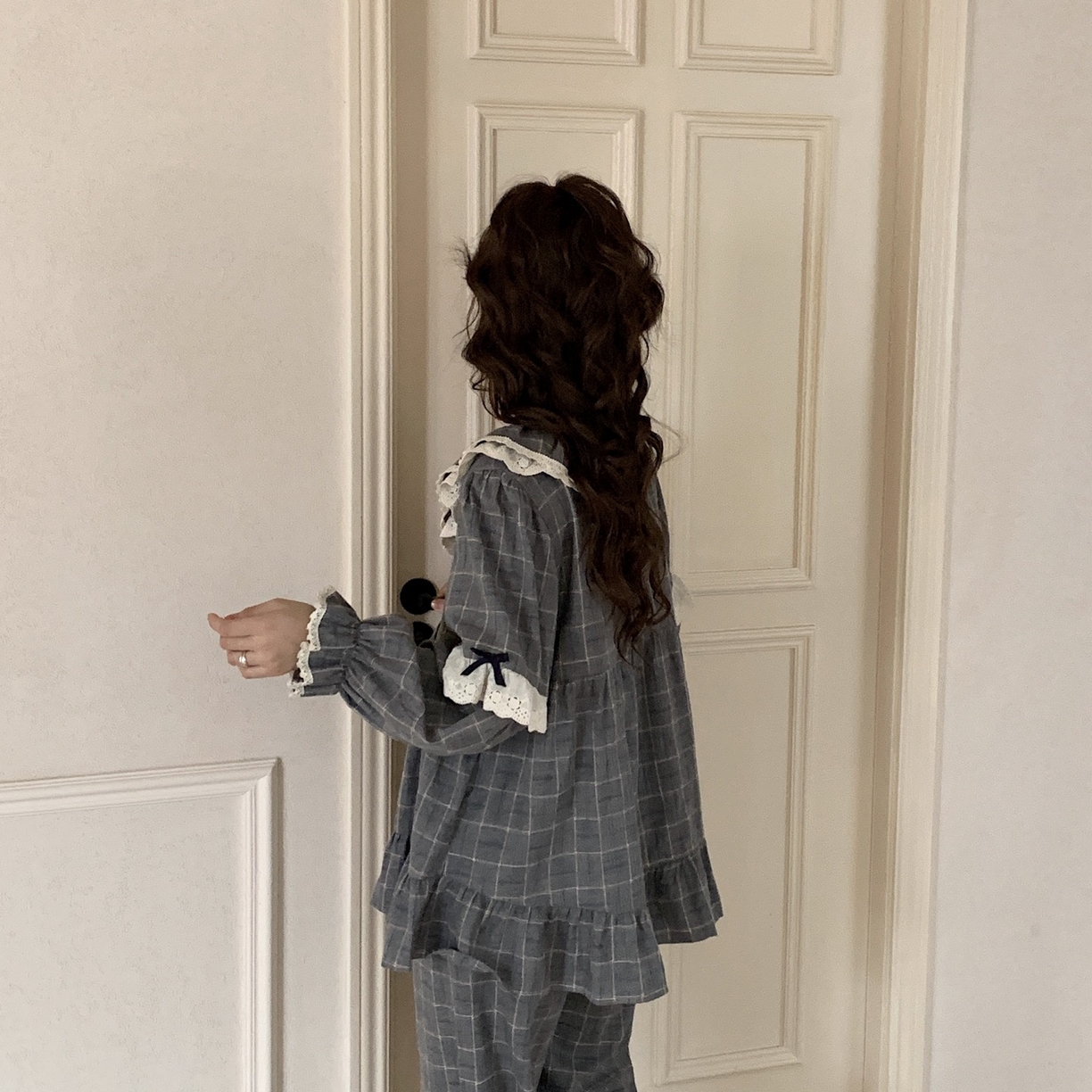 妍景家居生活馆 2026新款韩系甜美蕾丝花边格子套装 灰色