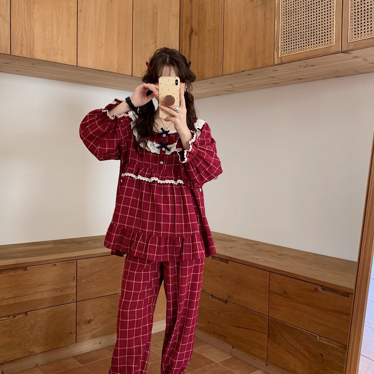 91家纺网 家纺一手货源 找家纺 妍景家居生活馆 2026新款韩系甜美蕾丝花边格子套装 红色