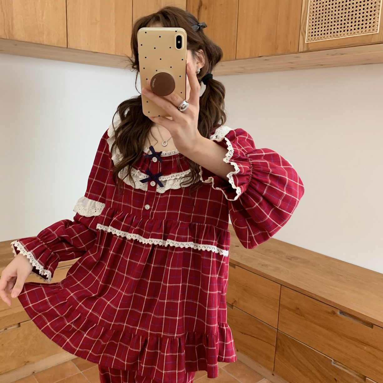 91家纺网 家纺一手货源 找家纺 妍景家居生活馆 2026新款韩系甜美蕾丝花边格子套装 红色