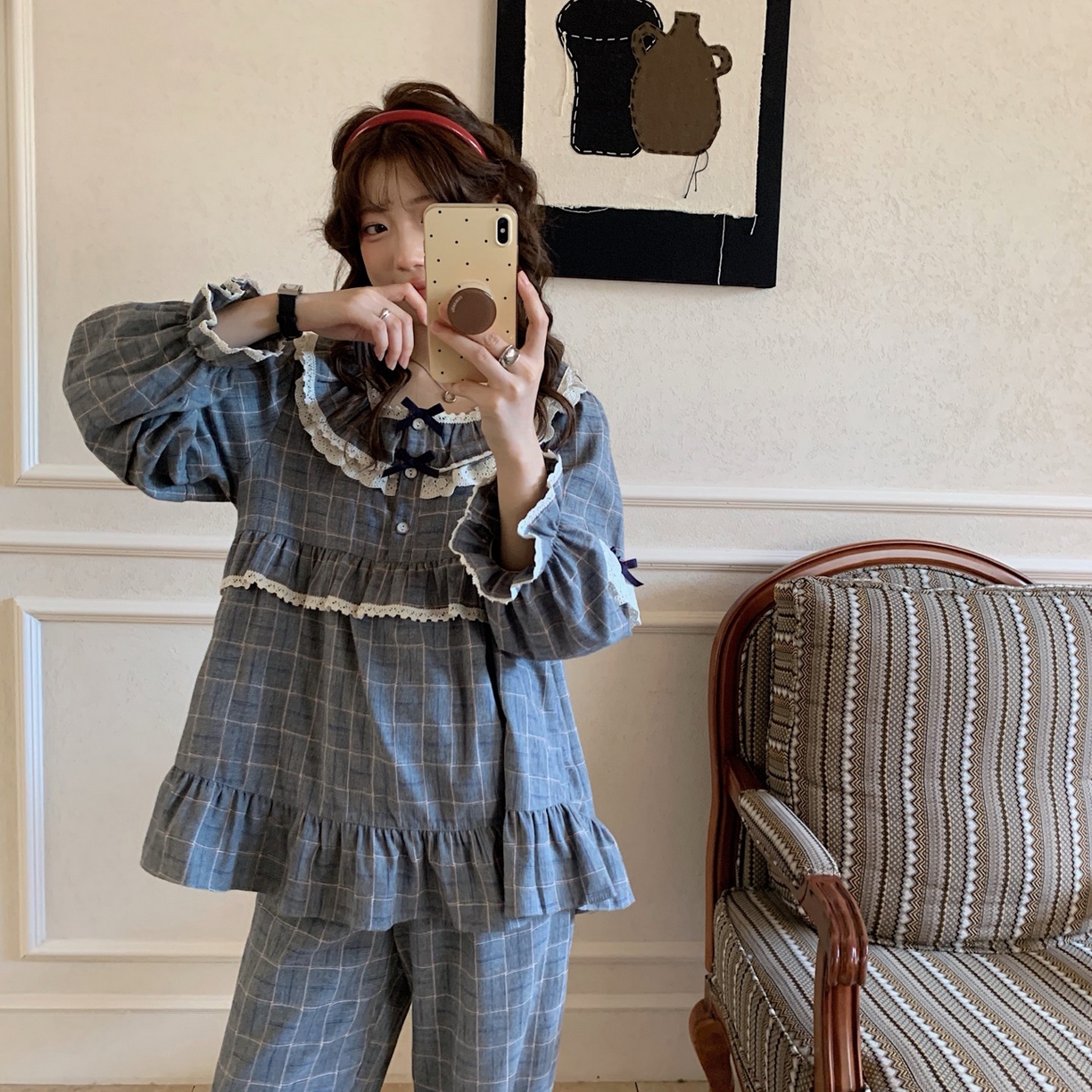 91家纺网 家纺一手货源 找家纺 妍景家居生活馆 2026新款韩系甜美蕾丝花边格子套装 灰色