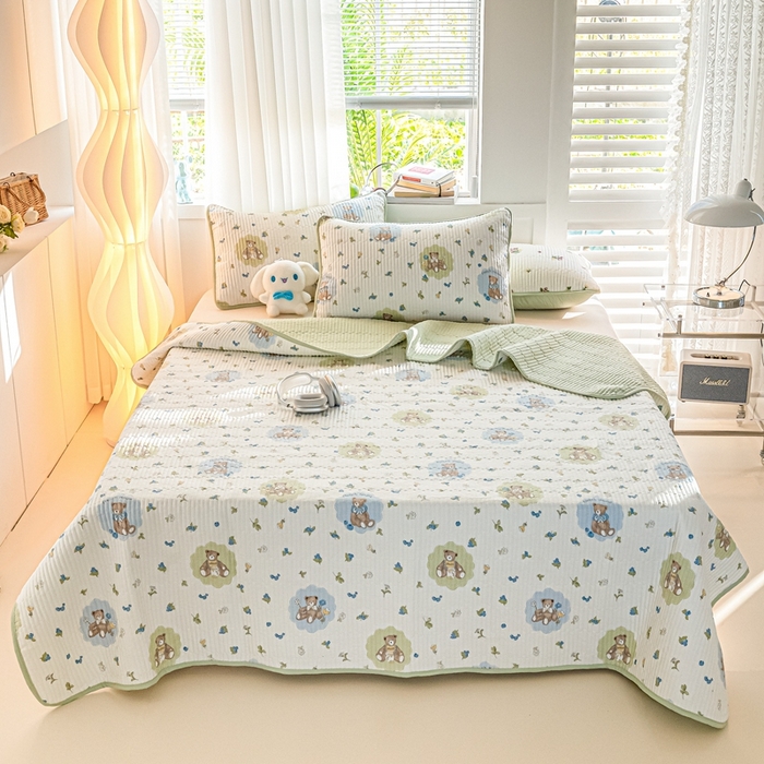 91家纺网 家纺一手货源 找家纺 X猫先生 2026新款全棉床盖小清新夹棉床单炕盖四季跑量款 蜜罐熊