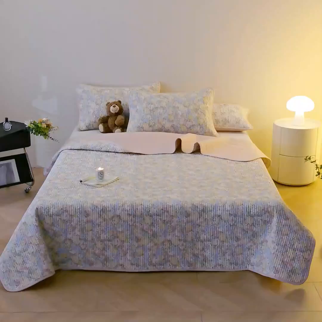 91家纺网 家纺一手货源 找家纺 X猫先生 2026新款全棉床盖小清新夹棉床单炕盖四季跑量款 暖阳绿意