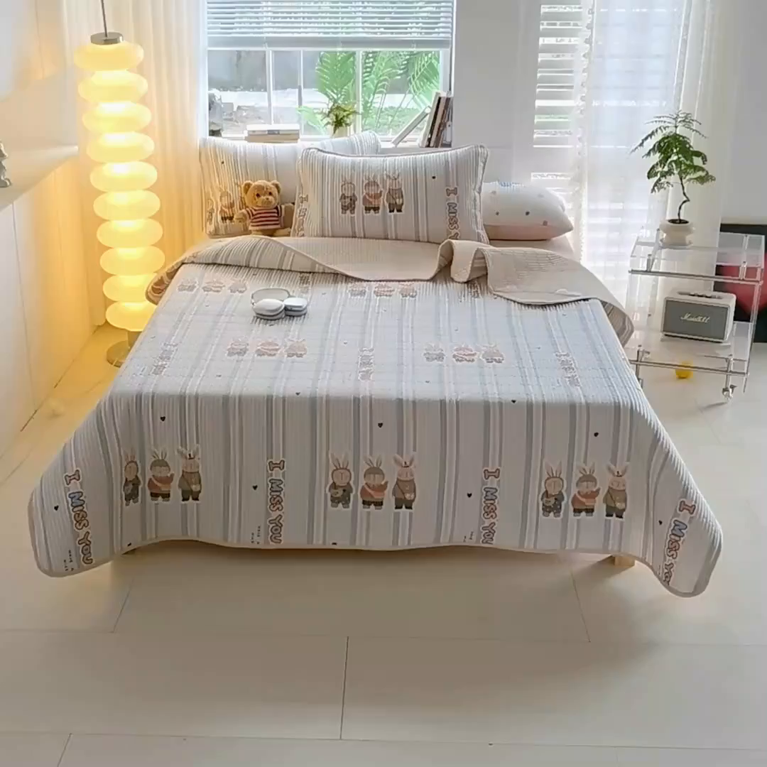 91家纺网 家纺一手货源 找家纺 X猫先生 2026新款全棉床盖小清新夹棉床单炕盖四季跑量款 森岛精灵