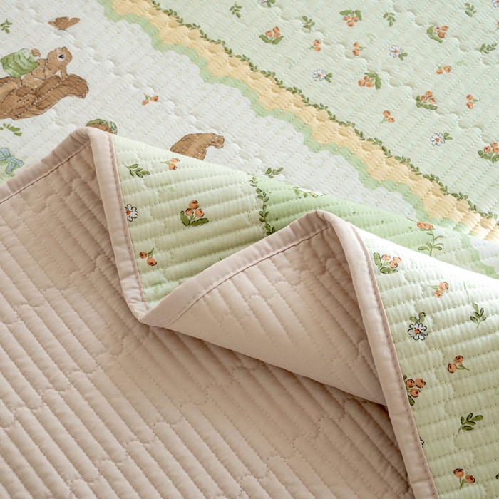 91家纺网 家纺一手货源 找家纺 X猫先生 2026新款全棉床盖小清新夹棉床单炕盖四季跑量款 松鼠森林