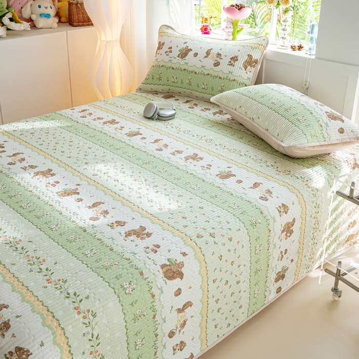 91家纺网 家纺一手货源 找家纺 X猫先生 2026新款全棉床盖小清新夹棉床单炕盖四季跑量款 松鼠森林