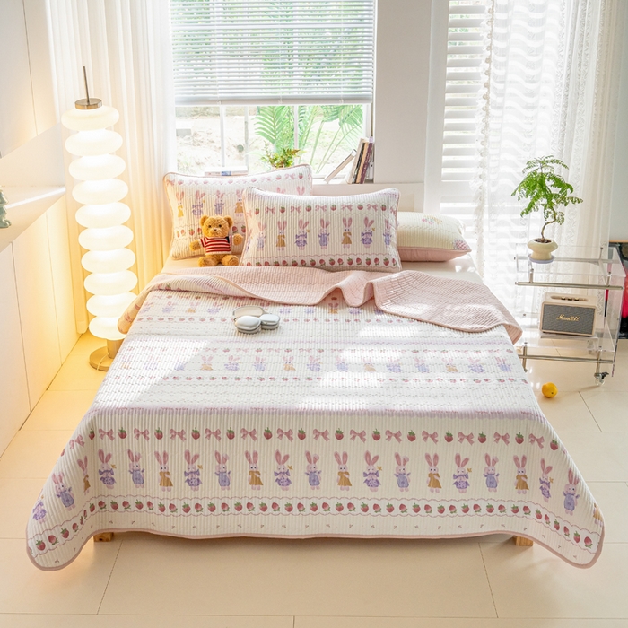 91家纺网 家纺一手货源 找家纺 X猫先生 2026新款全棉床盖小清新夹棉床单炕盖四季跑量款 踏春小兔