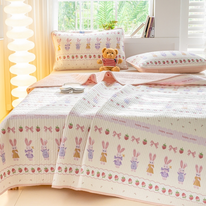 91家纺网 家纺一手货源 找家纺 X猫先生 2026新款全棉床盖小清新夹棉床单炕盖四季跑量款 踏春小兔