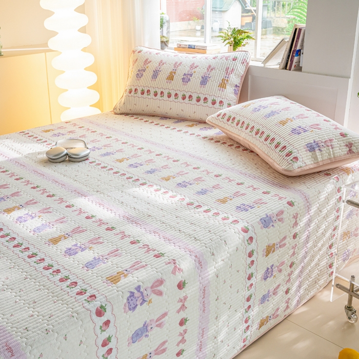 91家纺网 家纺一手货源 找家纺 X猫先生 2026新款全棉床盖小清新夹棉床单炕盖四季跑量款 踏春小兔