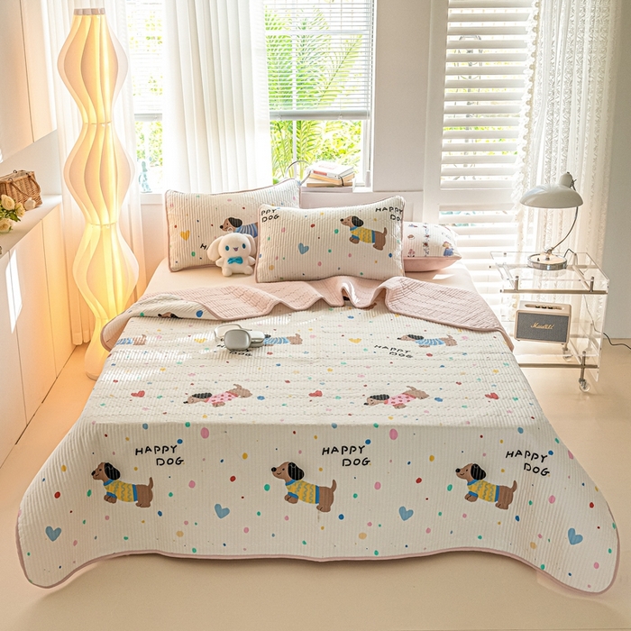 91家纺网 家纺一手货源 找家纺 X猫先生 2026新款全棉床盖小清新夹棉床单炕盖四季跑量款 甜心汪星人