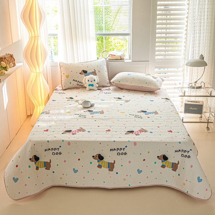 91家纺网 家纺一手货源 找家纺 X猫先生 2026新款全棉床盖小清新夹棉床单炕盖四季跑量款 甜心汪星人