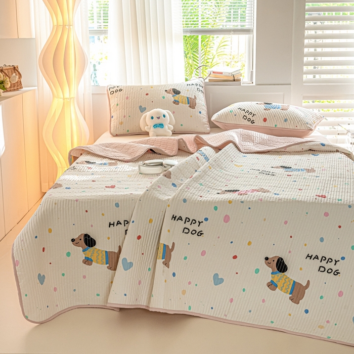 91家纺网 家纺一手货源 找家纺 X猫先生 2026新款全棉床盖小清新夹棉床单炕盖四季跑量款 甜心汪星人