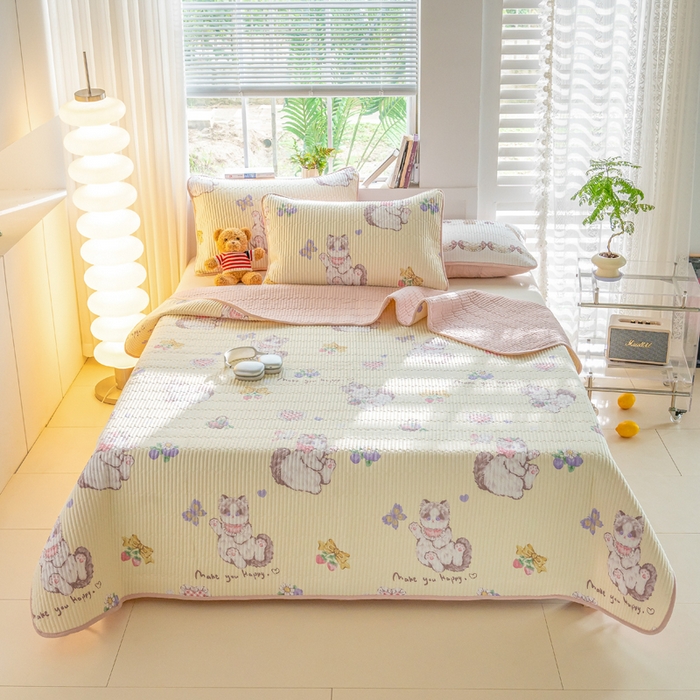 91家纺网 家纺一手货源 找家纺 X猫先生 2026新款全棉床盖小清新夹棉床单炕盖四季跑量款 泫雅猫咪