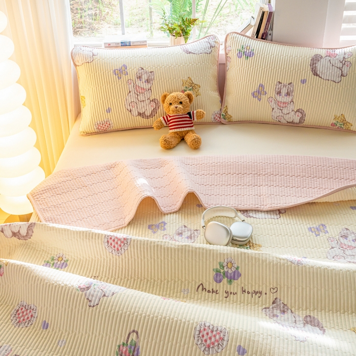 91家纺网 家纺一手货源 找家纺 X猫先生 2026新款全棉床盖小清新夹棉床单炕盖四季跑量款 泫雅猫咪