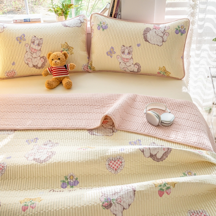 91家纺网 家纺一手货源 找家纺 X猫先生 2026新款全棉床盖小清新夹棉床单炕盖四季跑量款 泫雅猫咪