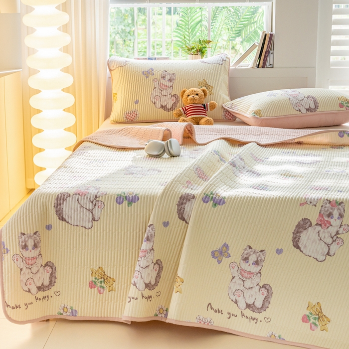 91家纺网 家纺一手货源 找家纺 X猫先生 2026新款全棉床盖小清新夹棉床单炕盖四季跑量款 泫雅猫咪