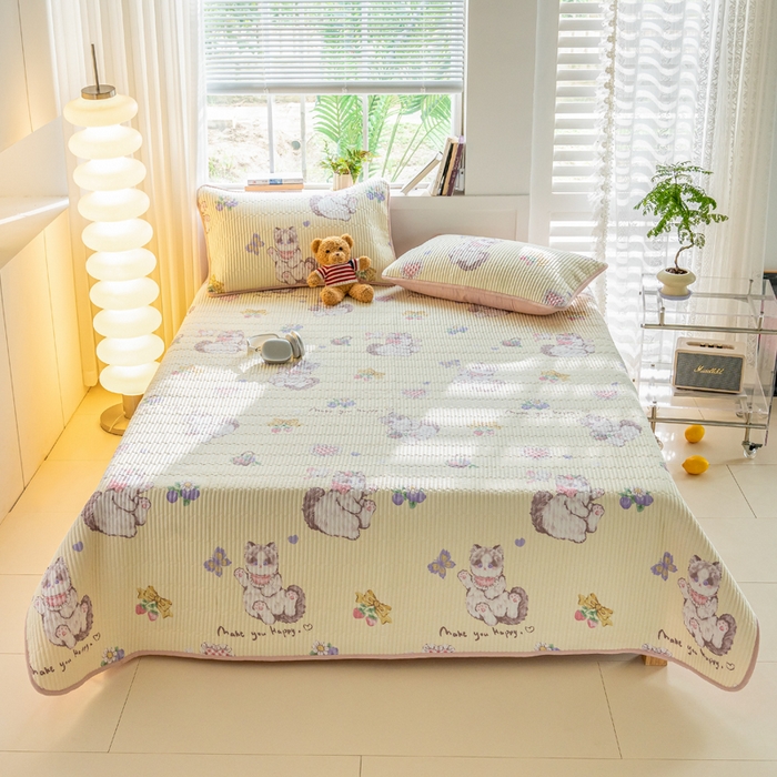 91家纺网 家纺一手货源 找家纺 X猫先生 2026新款全棉床盖小清新夹棉床单炕盖四季跑量款 泫雅猫咪