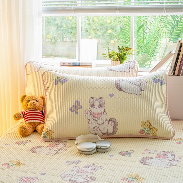 91家纺网 家纺一手货源 找家纺 X猫先生 2026新款全棉床盖小清新夹棉床单炕盖四季跑量款 泫雅猫咪