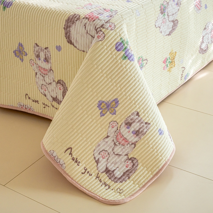 91家纺网 家纺一手货源 找家纺 X猫先生 2026新款全棉床盖小清新夹棉床单炕盖四季跑量款 泫雅猫咪