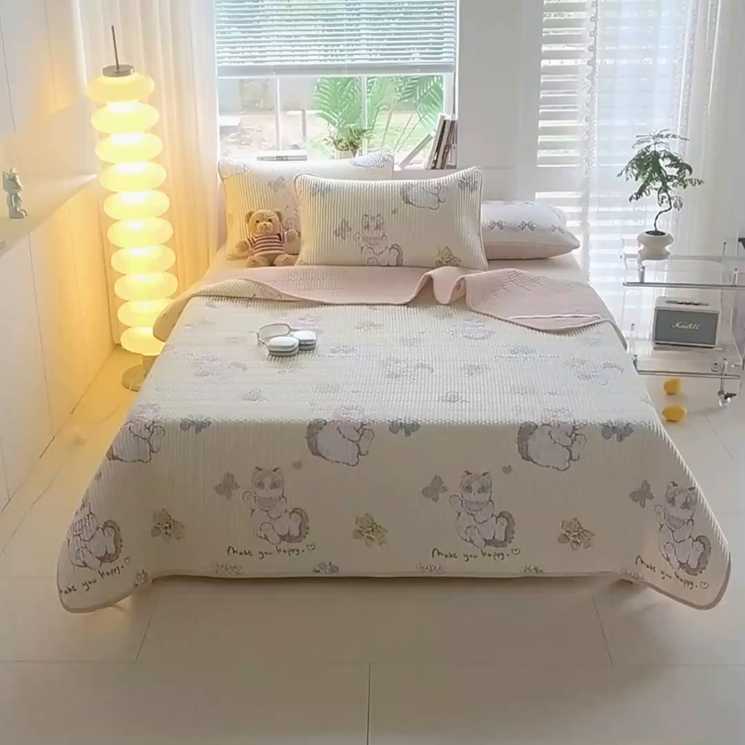 91家纺网 家纺一手货源 找家纺 X猫先生 2026新款全棉床盖小清新夹棉床单炕盖四季跑量款 泫雅猫咪