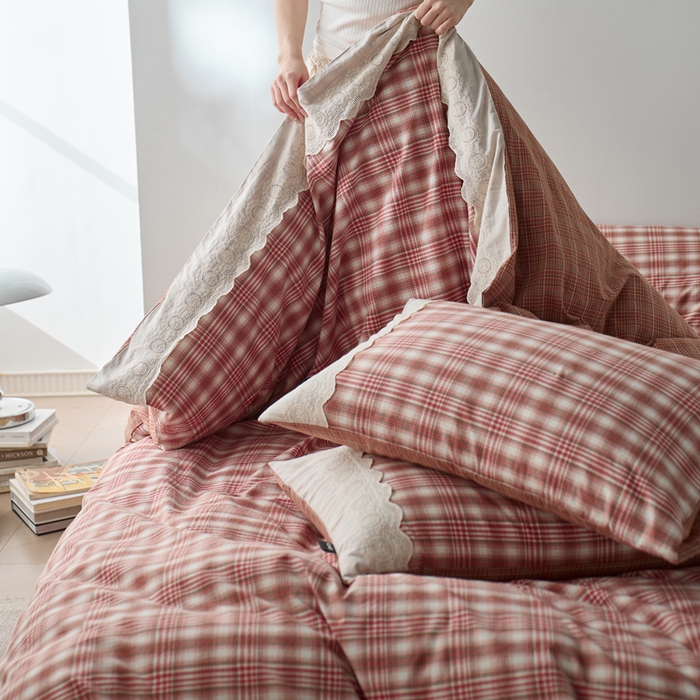 91家纺网 家纺一手货源 找家纺 （总）卡姿家纺 2026春夏色织水洗棉文艺小格子花边款