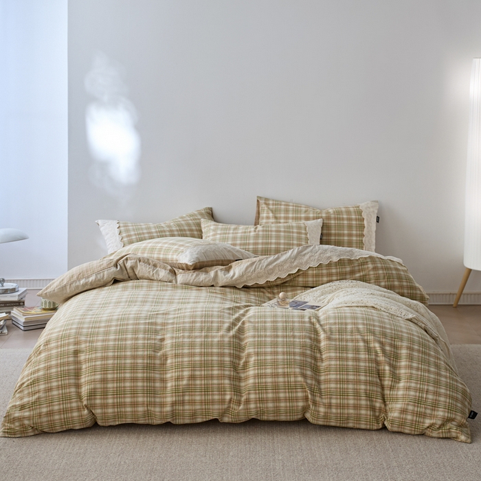 91家纺网 家纺一手货源 找家纺 卡姿家纺 2026春夏色织水洗棉文艺小格子花边款 利奥-沁绿