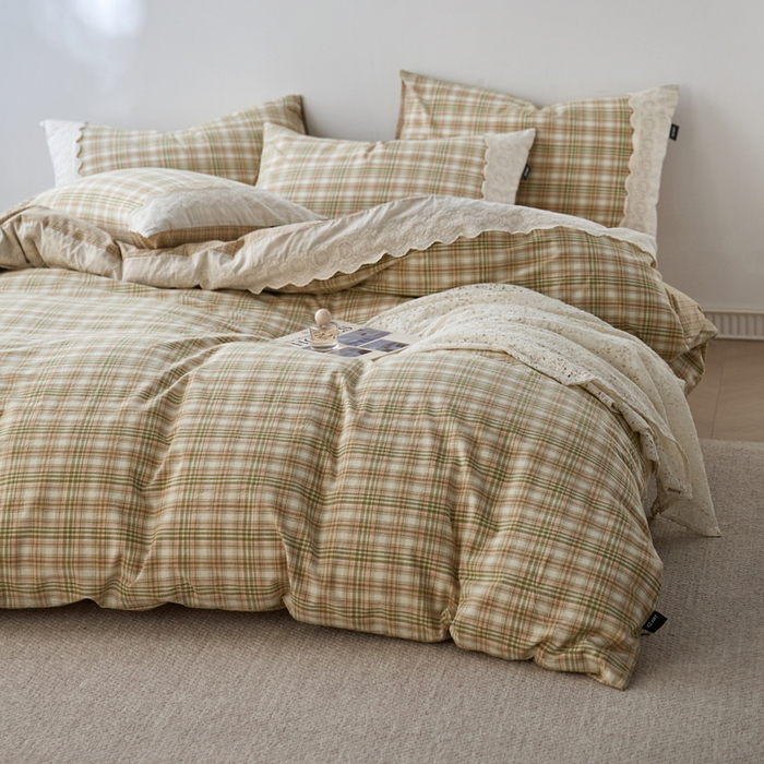 91家纺网 家纺一手货源 找家纺 卡姿家纺 2026春夏色织水洗棉文艺小格子花边款 利奥-沁绿