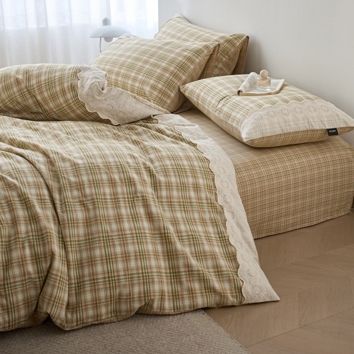 91家纺网 家纺一手货源 找家纺 卡姿家纺 2026春夏色织水洗棉文艺小格子花边款 利奥-沁绿