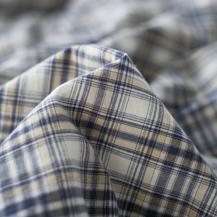 91家纺网 家纺一手货源 找家纺 卡姿家纺 2026春夏色织水洗棉文艺小格子花边款 利奥-烟蓝