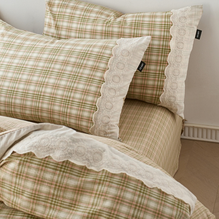 91家纺网 家纺一手货源 找家纺 卡姿家纺 2026春夏色织水洗棉文艺小格子花边款 利奥-沁绿