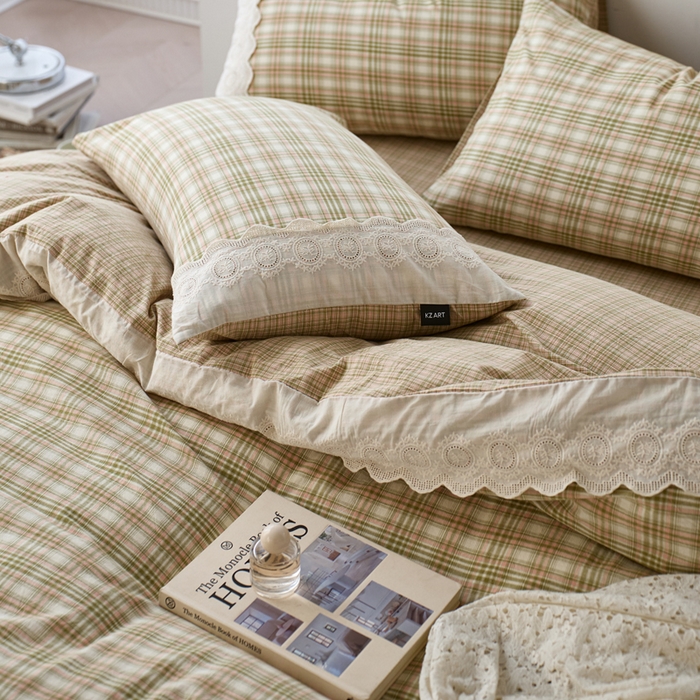 91家纺网 家纺一手货源 找家纺 卡姿家纺 2026春夏色织水洗棉文艺小格子花边款 利奥-沁绿