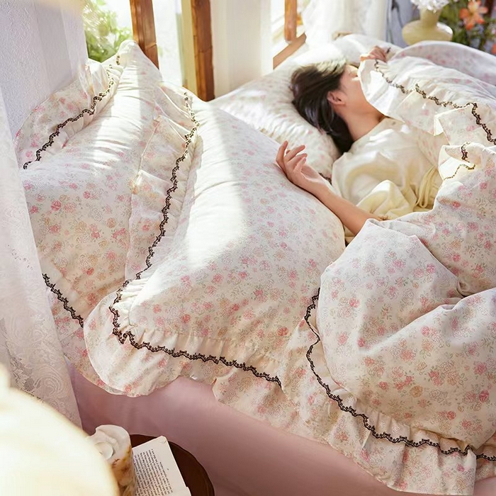 卡姿家纺 2026春夏韩版小碎花双层花边系列 花寻影粉