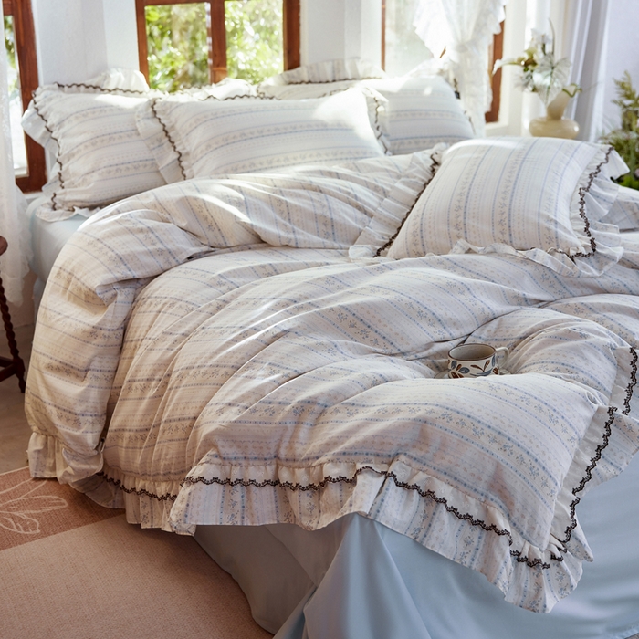 91家纺网 家纺一手货源 找家纺 卡姿家纺 2026春夏韩版小碎花双层花边系列 浅纹蓝