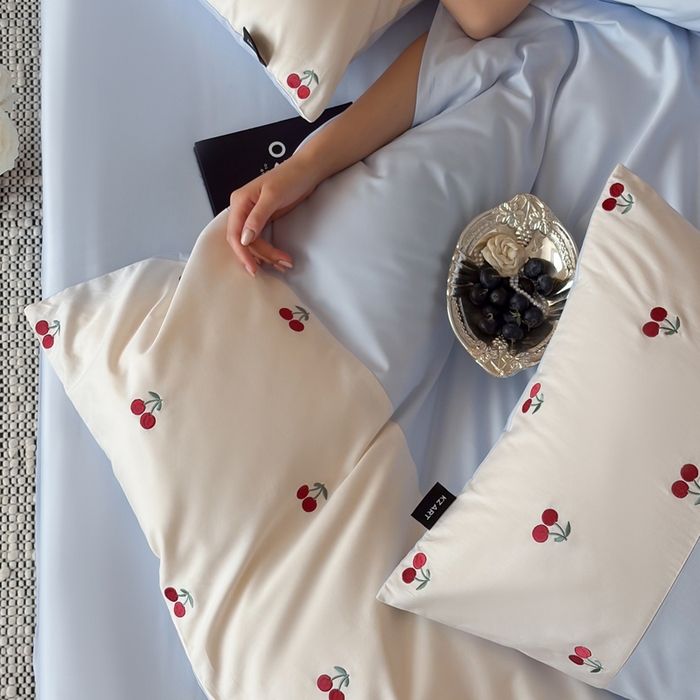 91家纺网 家纺一手货源 找家纺 卡姿家纺 2026春夏60支长绒棉文艺清新— 樱桃派对 樱桃派对-蓝