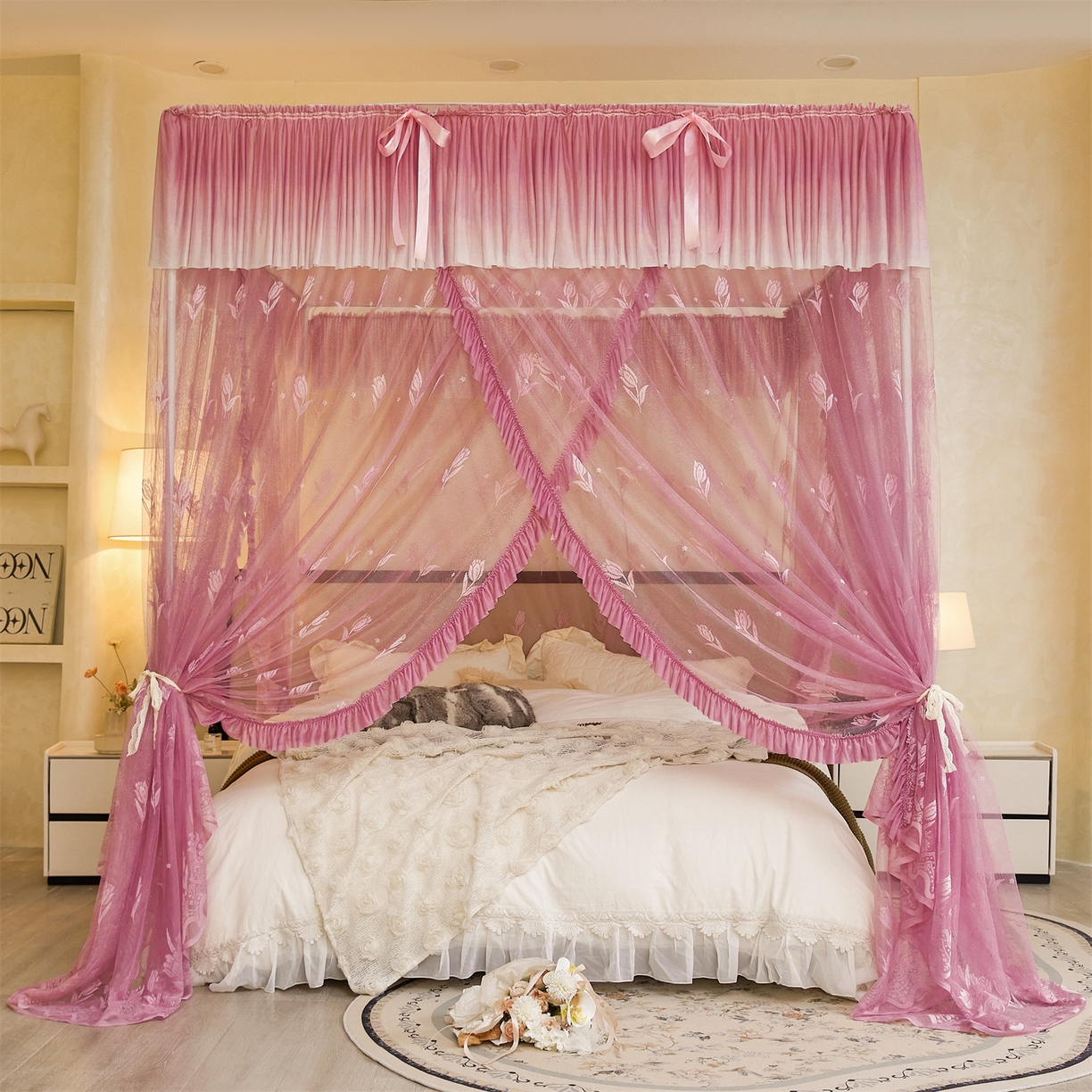 91家纺网 家纺一手货源 找家纺 世婕 2026新款双丝提花落地花边蚊帐-浪漫满屋 浪漫满屋-樱花粉