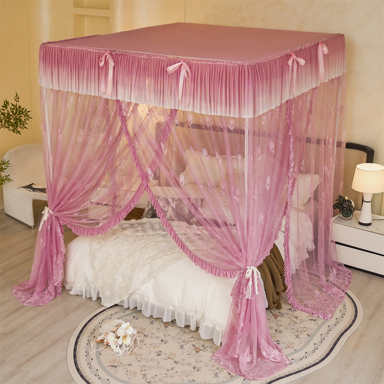 91家纺网 家纺一手货源 找家纺 世婕 2026新款双丝提花落地花边蚊帐-浪漫满屋 浪漫满屋-樱花粉