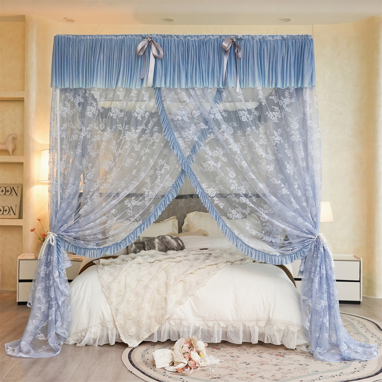 91家纺网 家纺一手货源 找家纺 世婕 2026新款双丝提花落地花边蚊帐-浪漫满屋 浪漫满屋-灰色