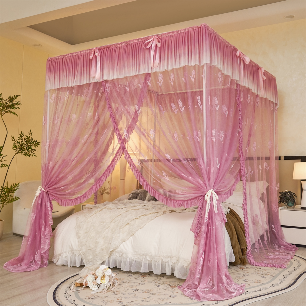 世婕 2026新款双丝提花落地花边蚊帐-浪漫满屋 浪漫满屋-樱花粉