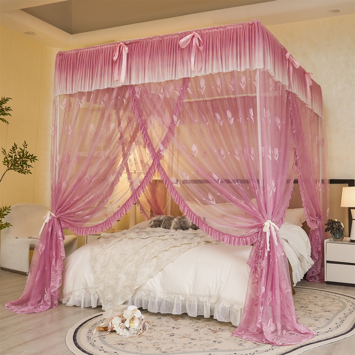 91家纺网 家纺一手货源 找家纺 世婕 2026新款双丝提花落地花边蚊帐-浪漫满屋 浪漫满屋-樱花粉