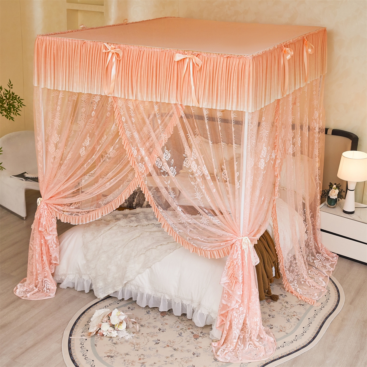 91家纺网 家纺一手货源 找家纺 世婕 2026新款双丝提花落地花边蚊帐-浪漫满屋 浪漫满屋-香妃玉