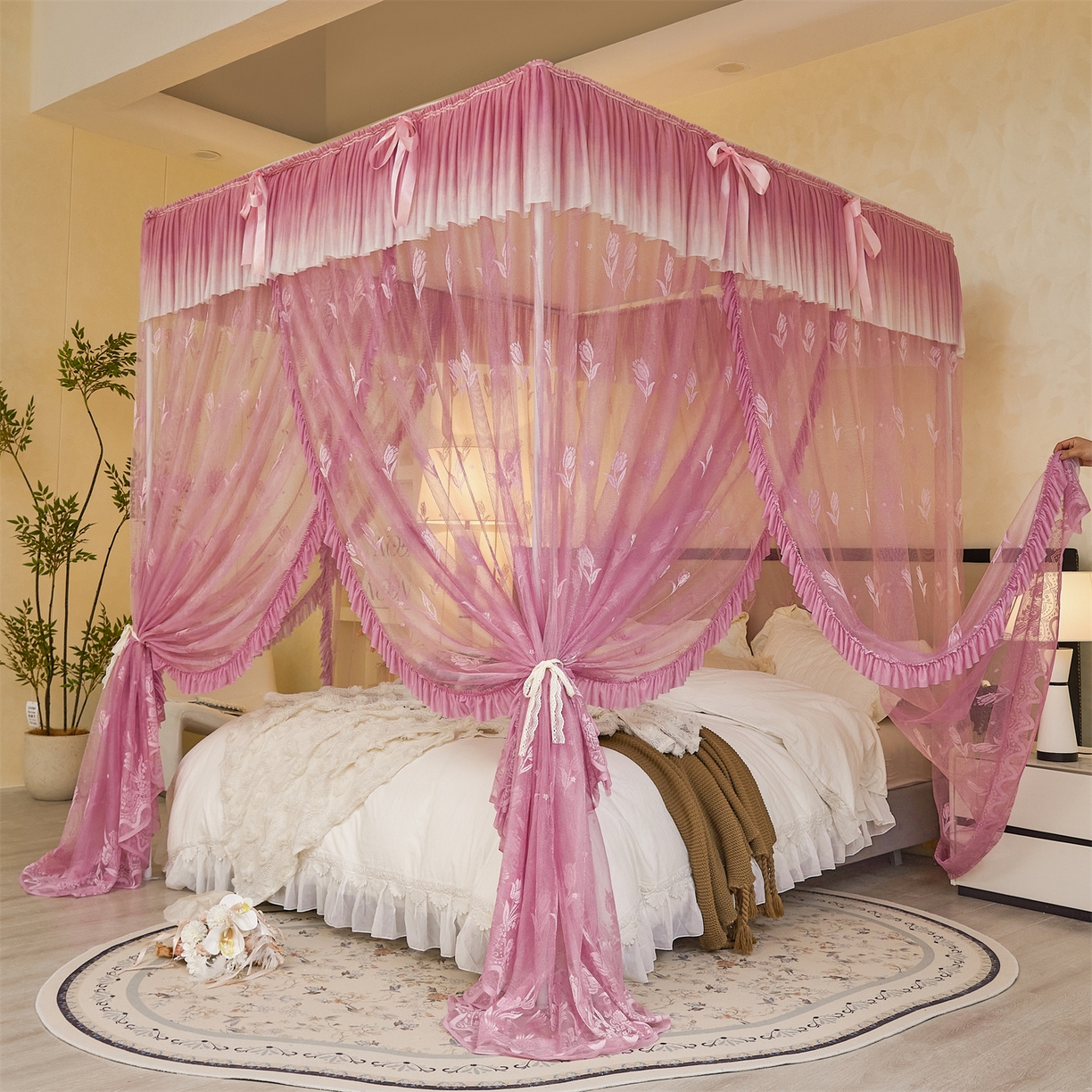 91家纺网 家纺一手货源 找家纺 世婕 2026新款双丝提花落地花边蚊帐-浪漫满屋 浪漫满屋-樱花粉