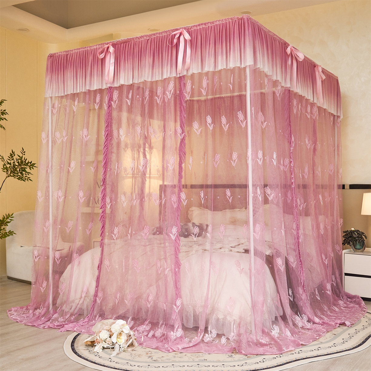 91家纺网 家纺一手货源 找家纺 世婕 2026新款双丝提花落地花边蚊帐-浪漫满屋 浪漫满屋-樱花粉